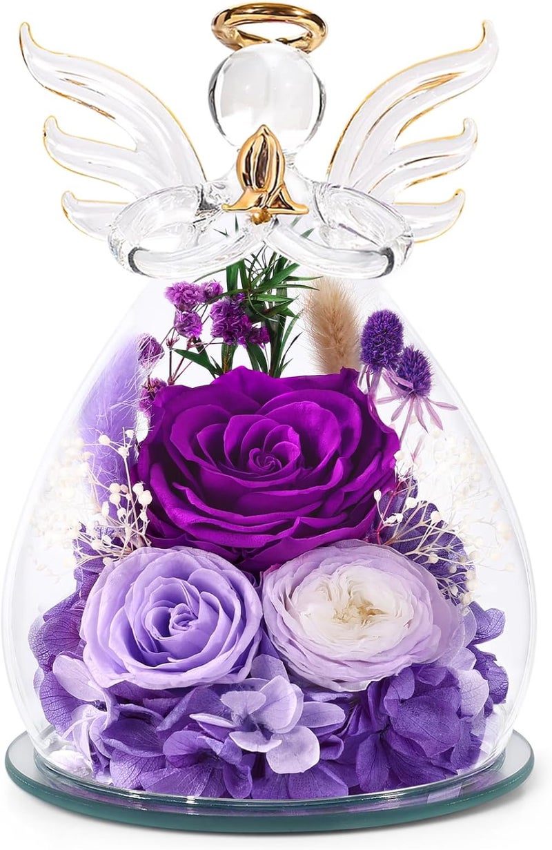 Bessol Gifts for Women, Valentines Day Decorations Flowers for Delivery Fresh Bouquet Forever Preserved Flowers Real Rose Angel Figurine Glass, Xmas Decor Gifts for Mom Grandma Wife Sister, Purple - Image 1